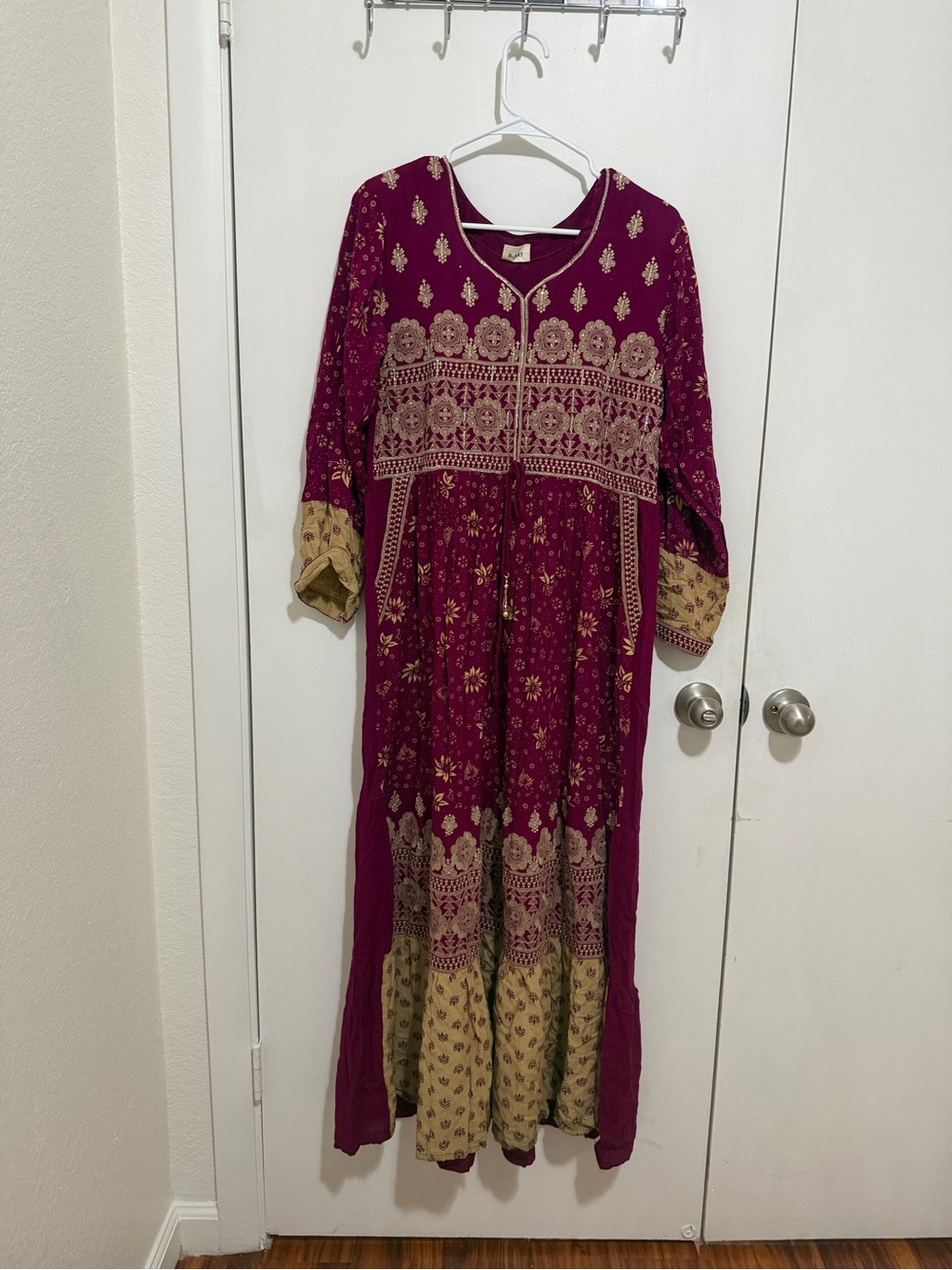 Arab style Embroidered Maxi Dress in Deep Burgundy and Mustard